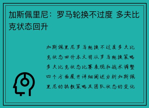 加斯佩里尼：罗马轮换不过度 多夫比克状态回升